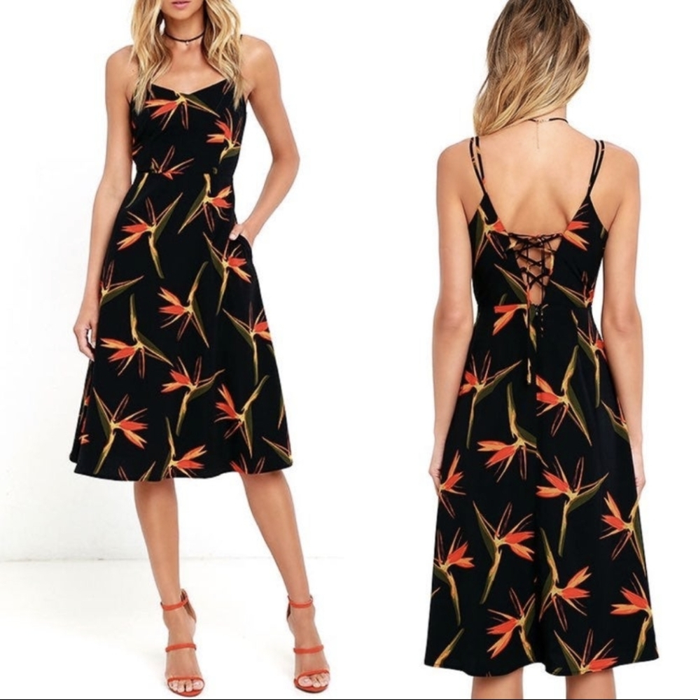 JOA x LULUS Miranda Black Orange Birds of Paradise Tropical Print Dress Size XS